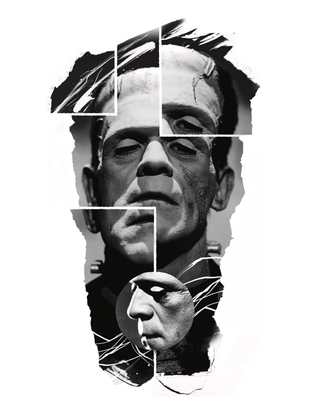 Frankenstein's monster, cut into shifted panels, an original design by Victor Armero