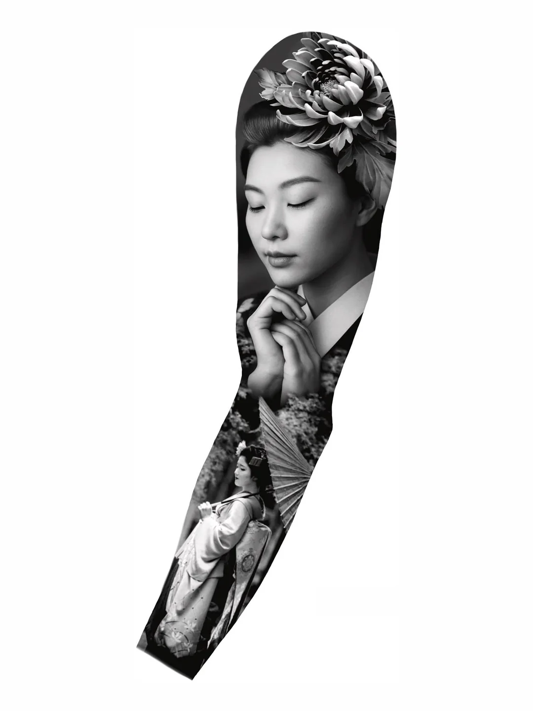 A geisha in profile beneath a full peony, an original design by Victor Armero