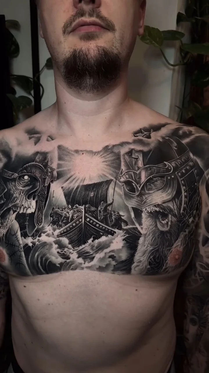 a full chest piece with an owl, a ship and a lion, STYLE tattoo by ARTIST NAME, NEIGHBOURHOOD CITY