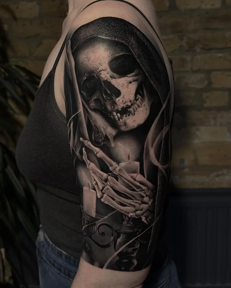 a hooded skeleton drawing a bow across a violin, black and grey realism tattoo by Victor Armero, Plymouth