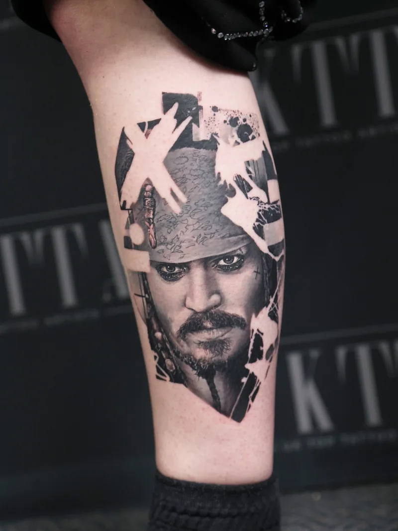a Johnny Depp portrait framed by shattered abstract panels, STYLE tattoo by ARTIST NAME, NEIGHBOURHOOD CITY