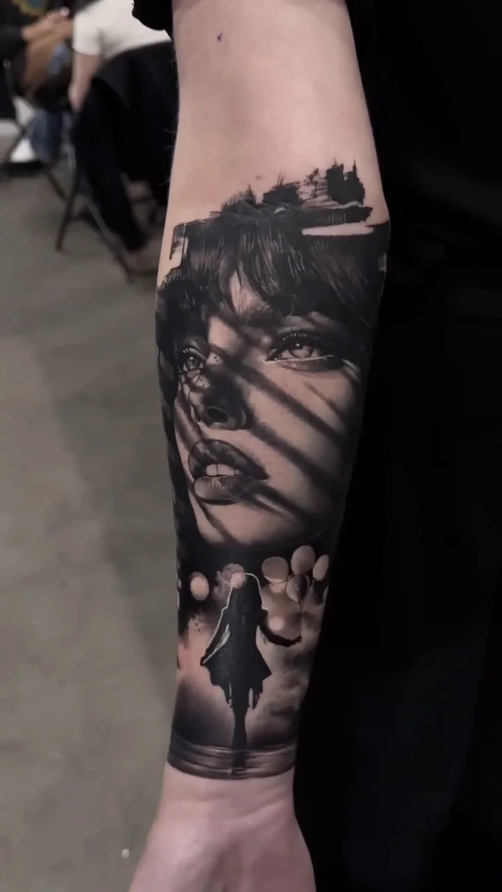 a woman's face crossed by hard shadow, a small figure walking below, black and grey realism tattoo by Victor Armero, Plymouth