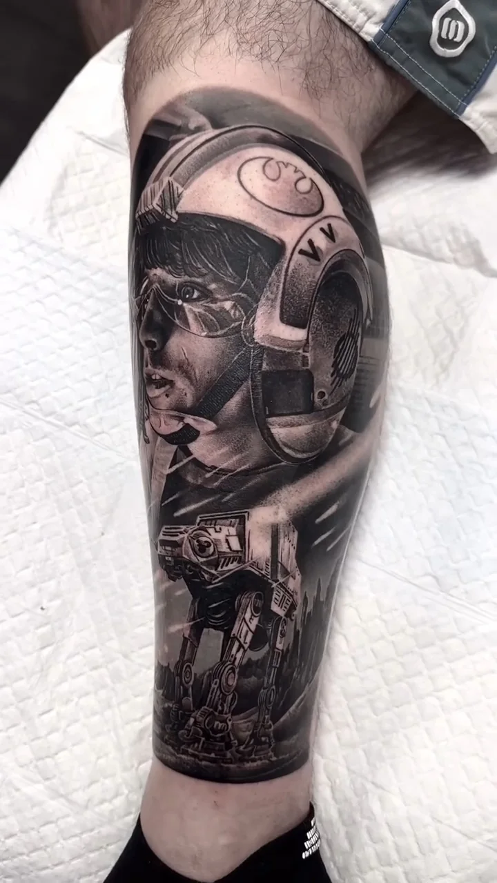a Luke Skywalker portrait with abstract shards and machinery, STYLE tattoo by ARTIST NAME, NEIGHBOURHOOD CITY