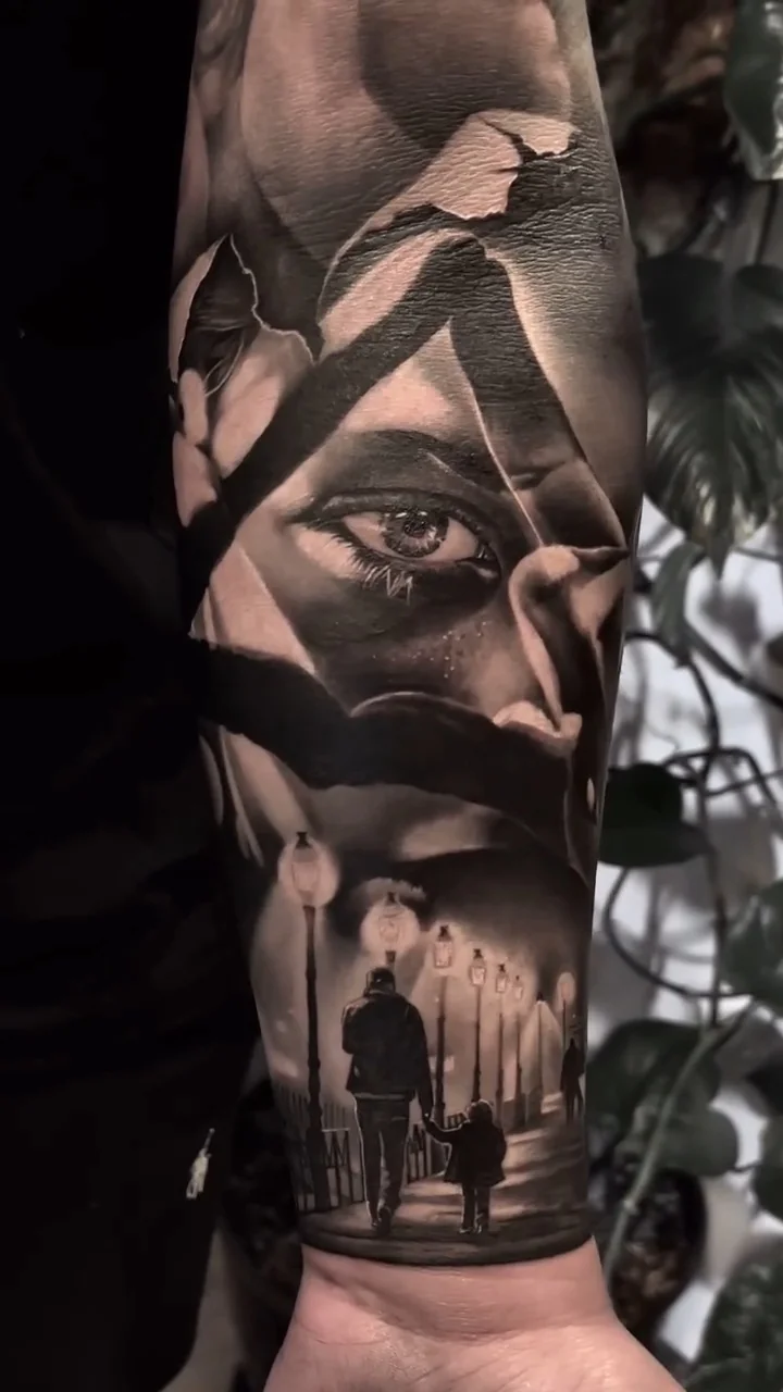 an eye above a figure walking between candles, cut with abstract panels, STYLE tattoo by ARTIST NAME, NEIGHBOURHOOD CITY
