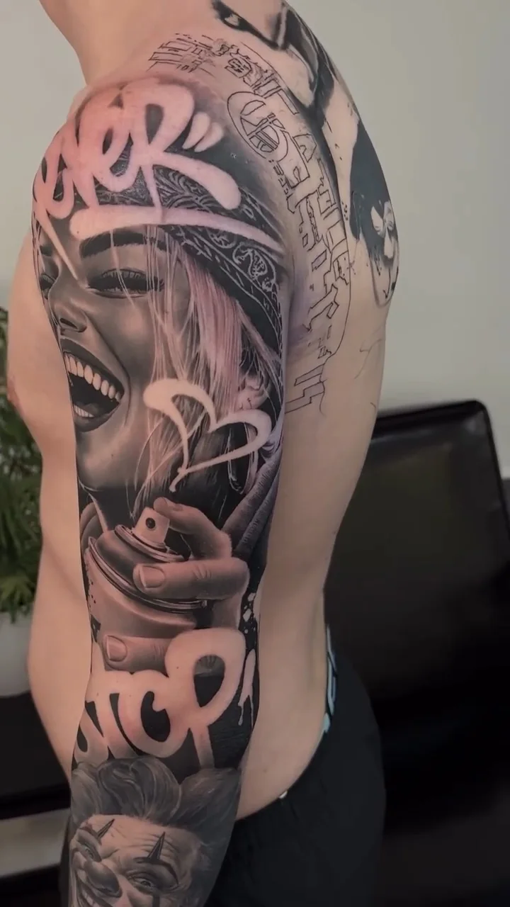 a laughing woman holding a spray can, in soft colour, realism tattoo by Victor Armero, Plymouth