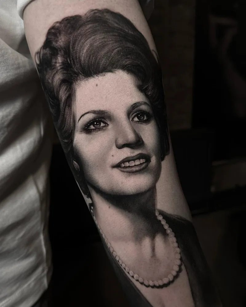 a vintage portrait of a woman with a pearl necklace, STYLE tattoo by ARTIST NAME, NEIGHBOURHOOD CITY