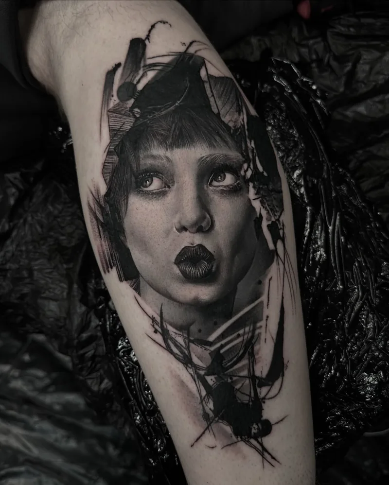 a pale portrait with a dark bob, cut through with abstract shards, black and grey realism tattoo by Victor Armero, Plymouth